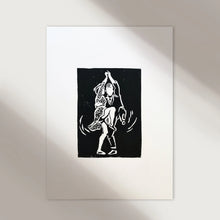 Load image into Gallery viewer, Mini print of the Collegiate Shag / Original black and white Linoleum print
